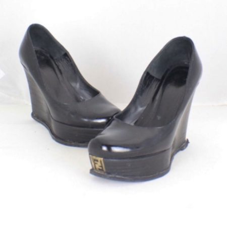FENDI Black Leather Wedges Size USA 7.5 Euro 37.5 ItemTM999 a