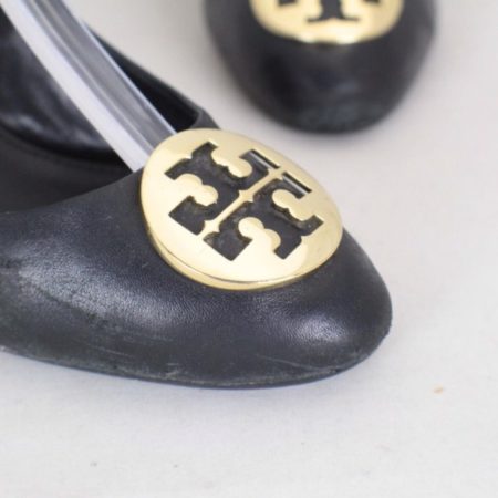 TORY BURCH Black Leather Wedges Size USA 7 Euro 37 Item16370 g
