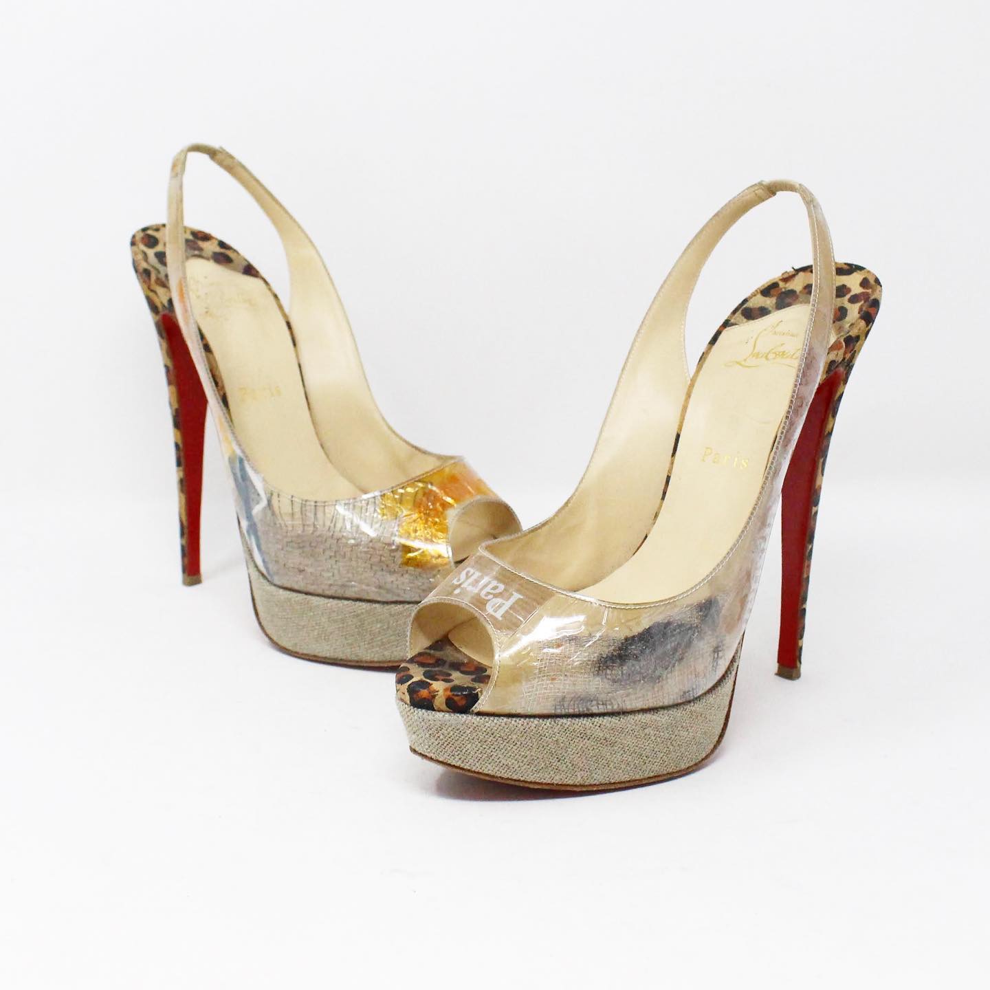 Christian Louboutin Gold Crystal Embellished Suede Rhinestone Peep Toe  Pumps Size 38