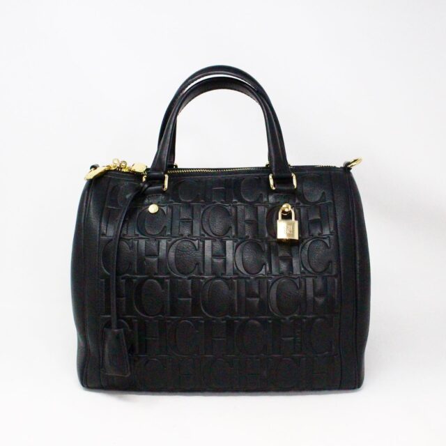CAROLINA HERRERA 35798 Black Embossed Leather 7 Locked Medium Handbag 1