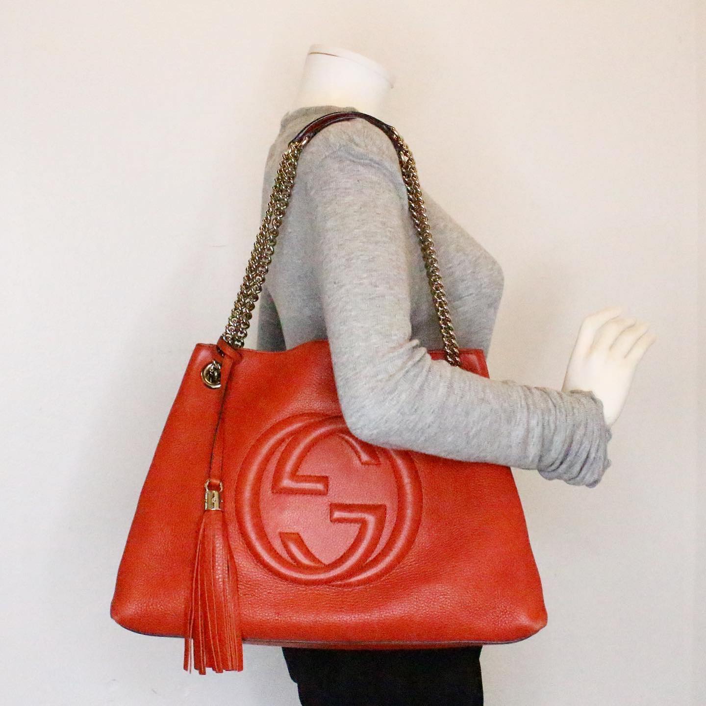 GUCCI #36716 Orange Soho Calfskin Leather Medium Chain-Strap Tote Bag