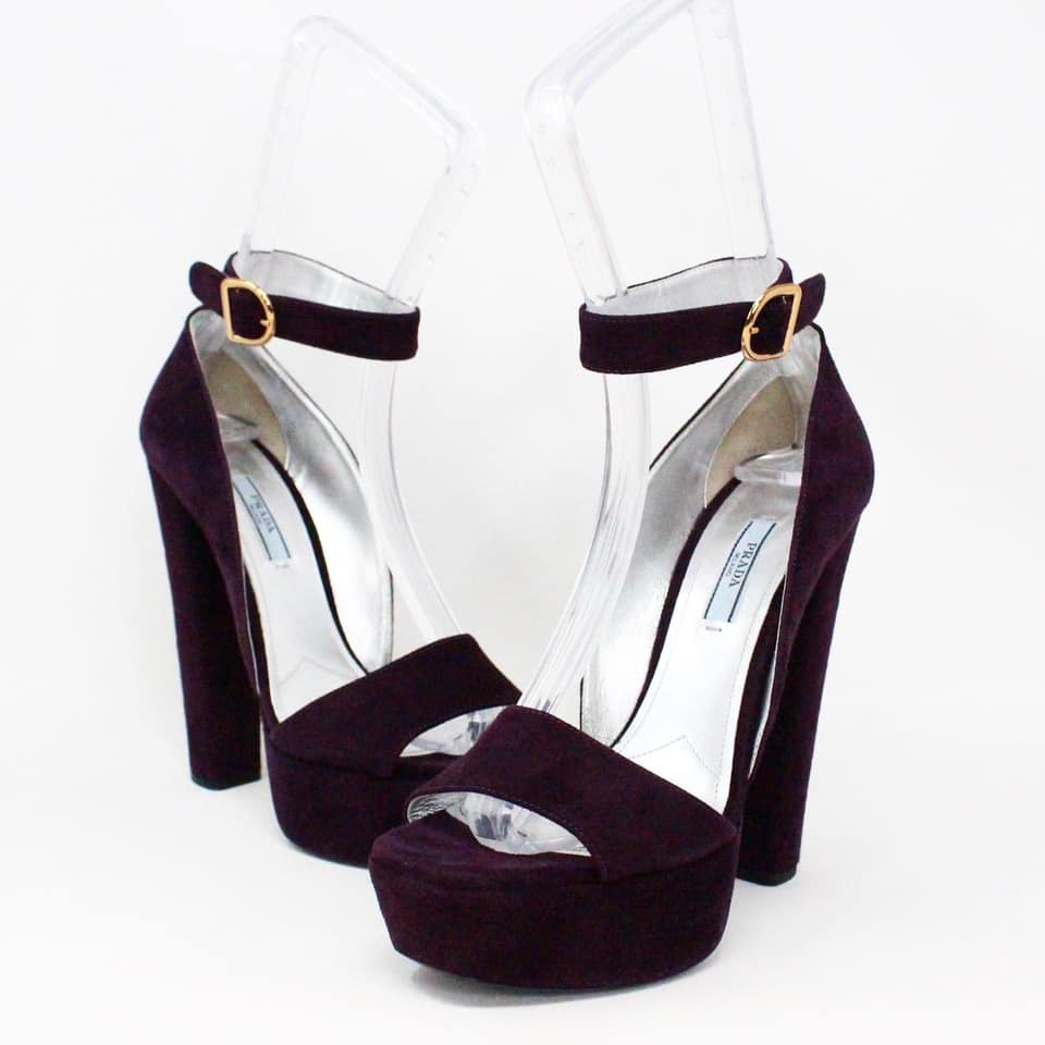 ON SALE* PRADA #36451 Purple Suede Ankle Strap Platform Heels (US