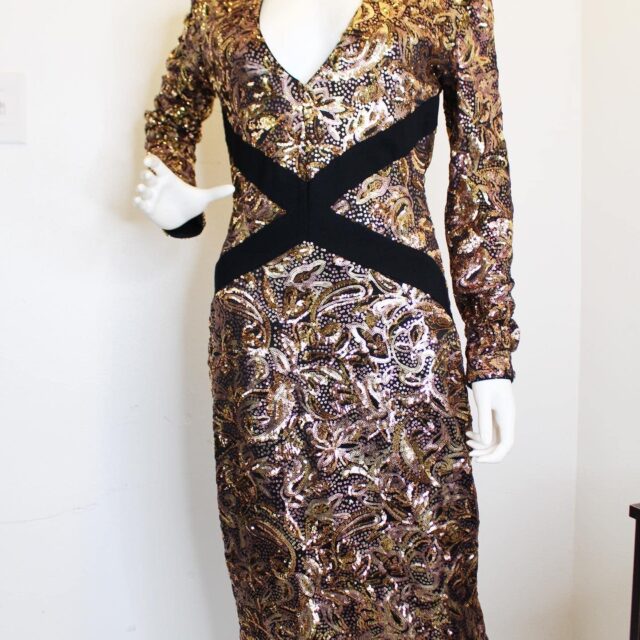 CARMEN MARC VALVO 35929 Gold Sequin Dress Size M A