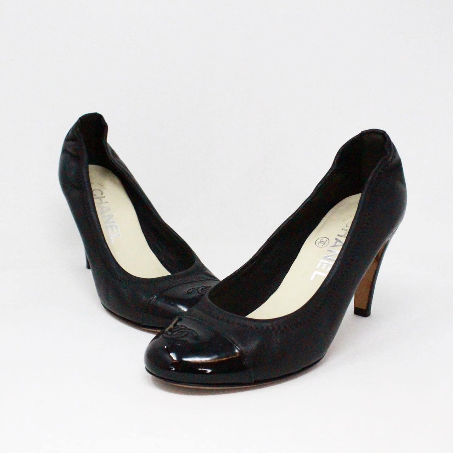CHANEL #38036 Black Leather CC Cap Toe Heels (US 6.5 EU 36.5