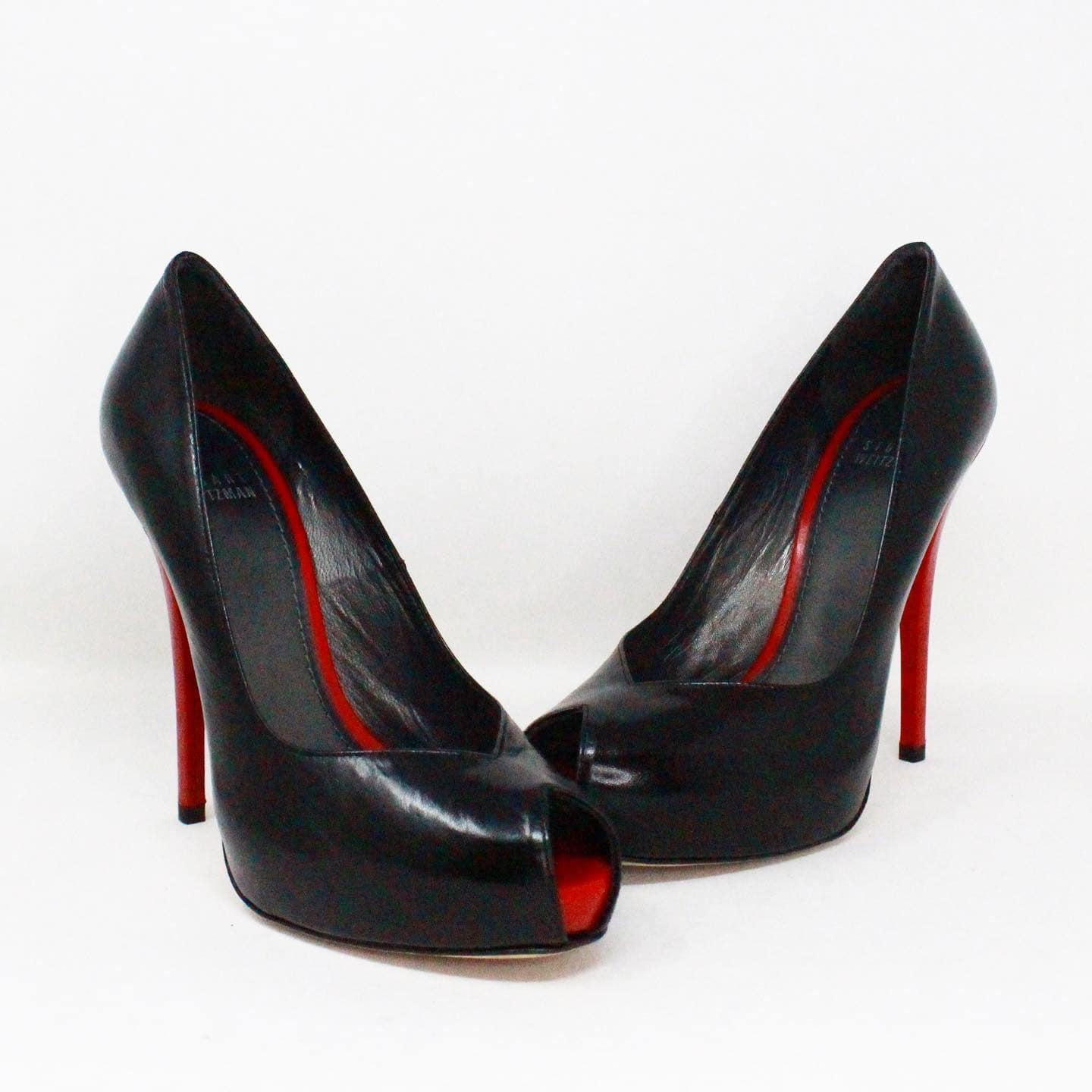 STUART WEITZMAN 37793 Black Leather Peep Toe Heels US 7.5 EU 37.5 A