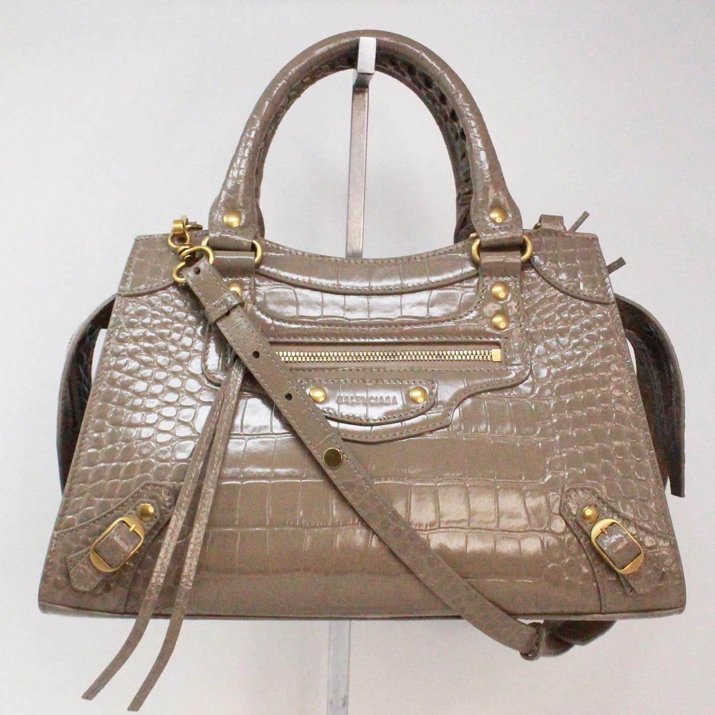 BALENCIAGA 38855 Neoclassic Taupe Patent Leather Snake Print Crossbody Bag A