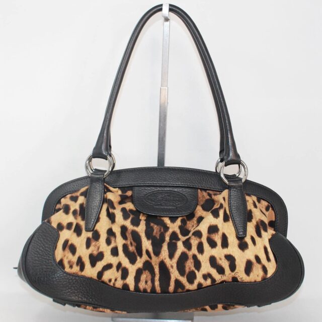 DOLCE GABBANA 39501 Black Brown Leopard Print Leather Fabric Shoulder Bag a