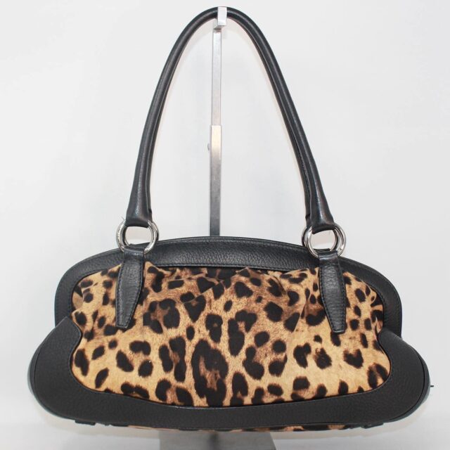 DOLCE GABBANA 39501 Black Brown Leopard Print Leather Fabric Shoulder Bag b