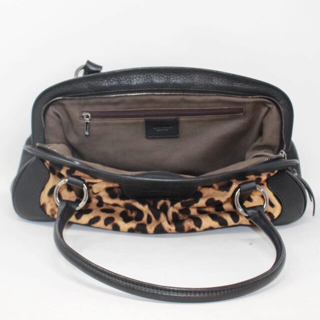 DOLCE GABBANA 39501 Black Brown Leopard Print Leather Fabric Shoulder Bag e