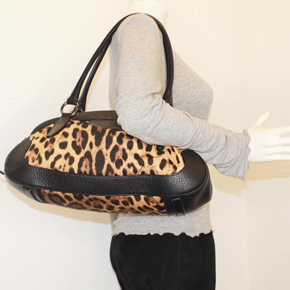 DOLCE GABBANA 39501 Black Brown Leopard Print Leather Fabric Shoulder Bag j