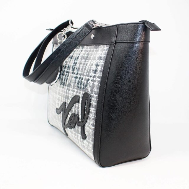 KARL LAGERFELD 39107 Black Leather Fabric Plastic Large Tote Bag c