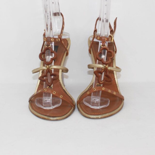 LOUIS VUITTON 39428 Brown Golden Leather Sandal Heels US 7.5 EU 37.5 c