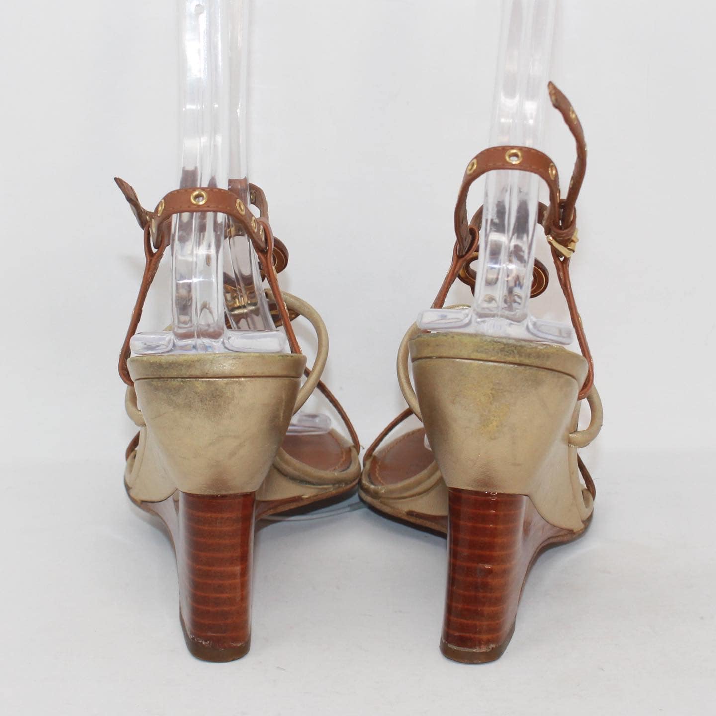 LOUIS VUITTON 39428 Brown Golden Leather Sandal Heels US 7.5 EU 37.5 d
