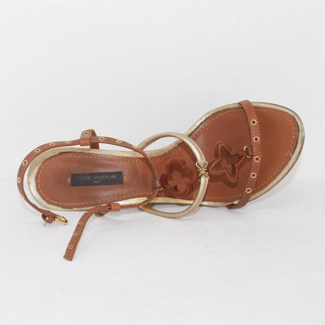 LOUIS VUITTON 39428 Brown Golden Leather Sandal Heels US 7.5 EU 37.5 e