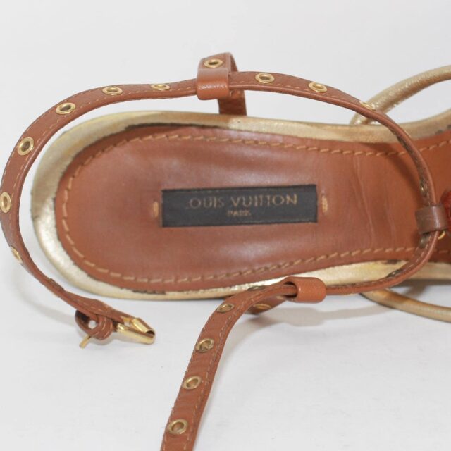 LOUIS VUITTON 39428 Brown Golden Leather Sandal Heels US 7.5 EU 37.5 f