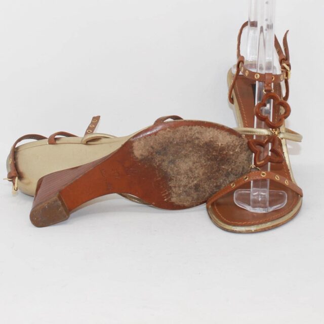 LOUIS VUITTON 39428 Brown Golden Leather Sandal Heels US 7.5 EU 37.5 g