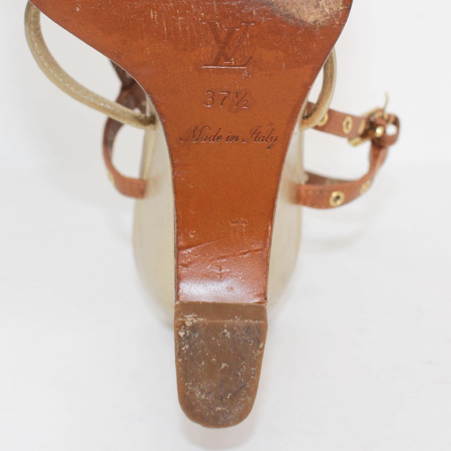 LOUIS VUITTON #39428 Brown & Golden Leather Sandal Heels (US 7.5 EU 37.5)