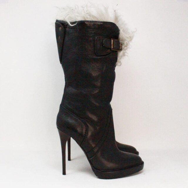 BURBERRY 39570 Black Leather Fir Lined Heel Boots US 8.5 EU 38.5 b