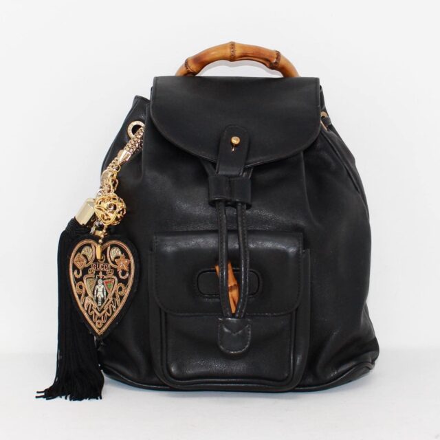 GUCCI 40005 Black Leather Backpack with Bamboo Handle Bag a