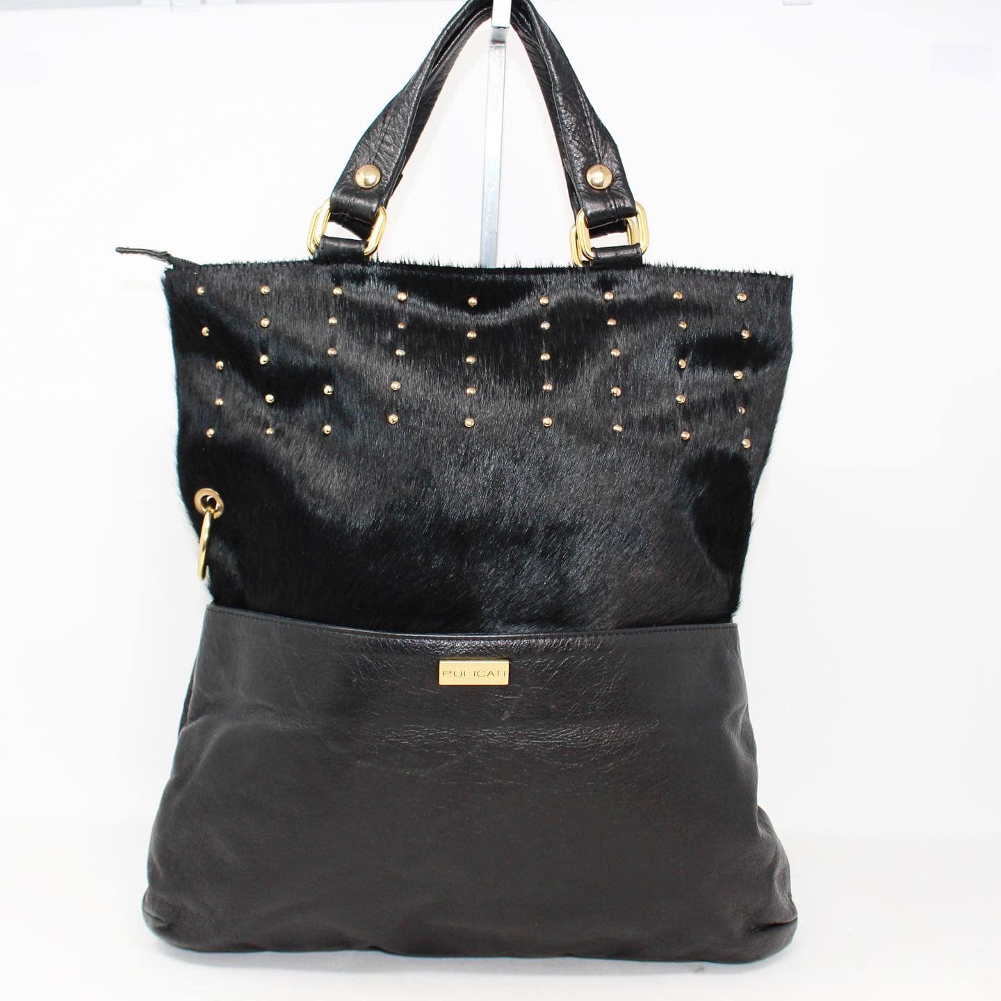 PULICATI 38889 Black Leather Synthetic Hair Tall Tote a