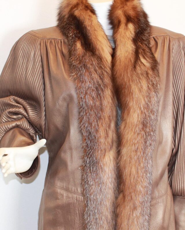 Y ALEXANDER 39930 Bronze Leather Fox Lined Coat Size XL b