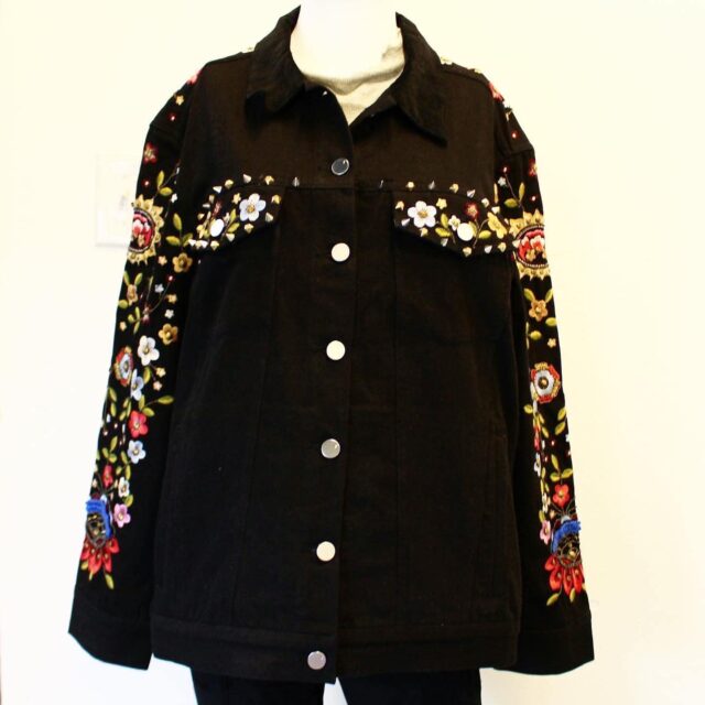 FRENCH CONNECTION Embroidered Black Denim Jacket Size 8 item 41036 a