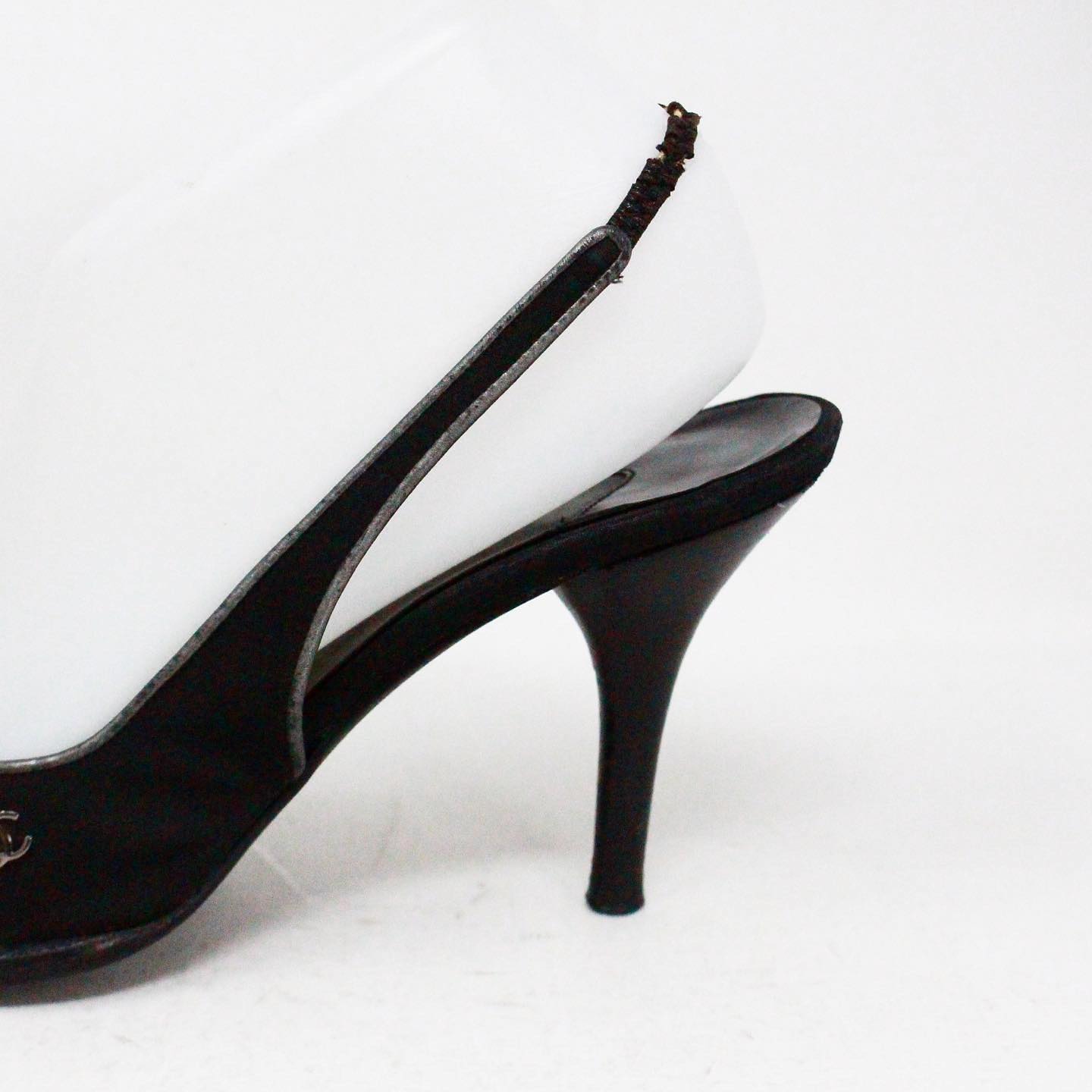 CHANEL #41531 Black Leather Cap Toe Slingback Heels (US 7.5 EU