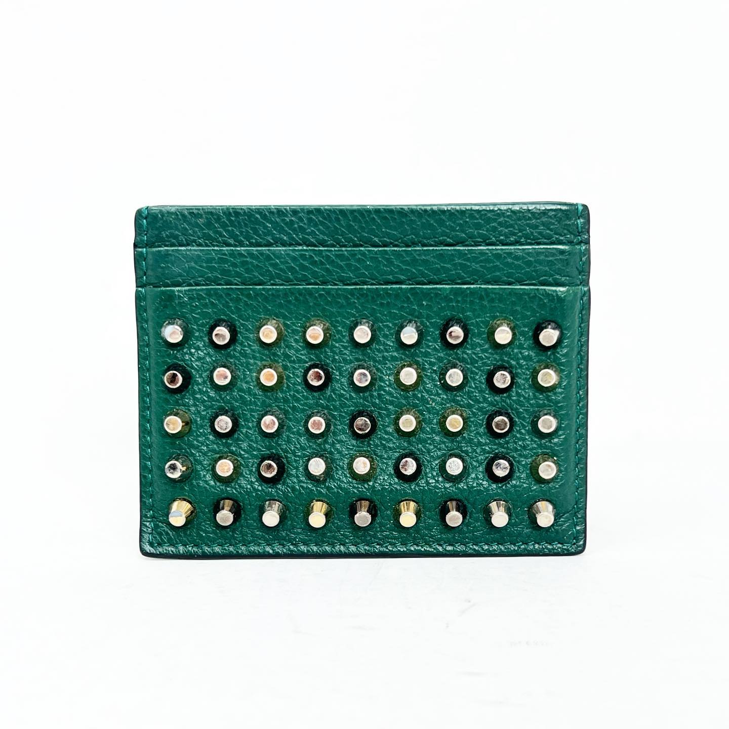 CHRISTIAN LOUBOUTIN #42067 Green Leather Studded Card Holder 1