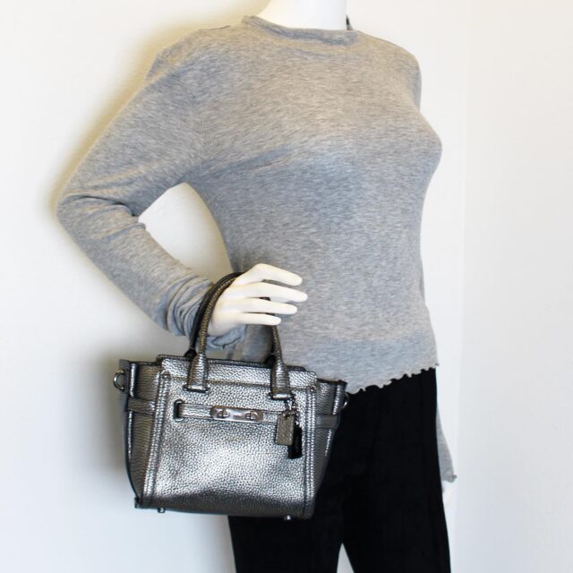 COACH #42100 Grey Metallic Pebbled Leather Mini Handbag 10