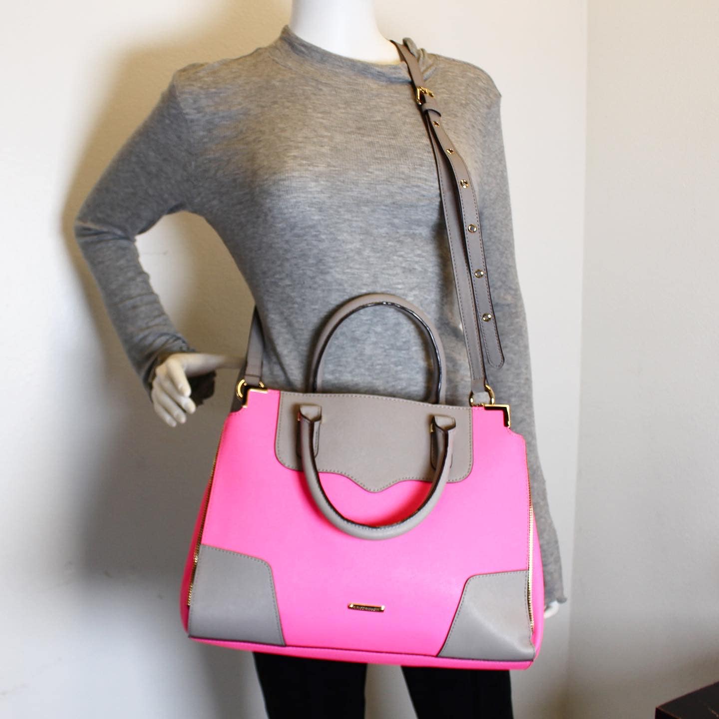 REBECCA MINKOFF #41614 Neon Pink Saffiano Leather Handbag 5