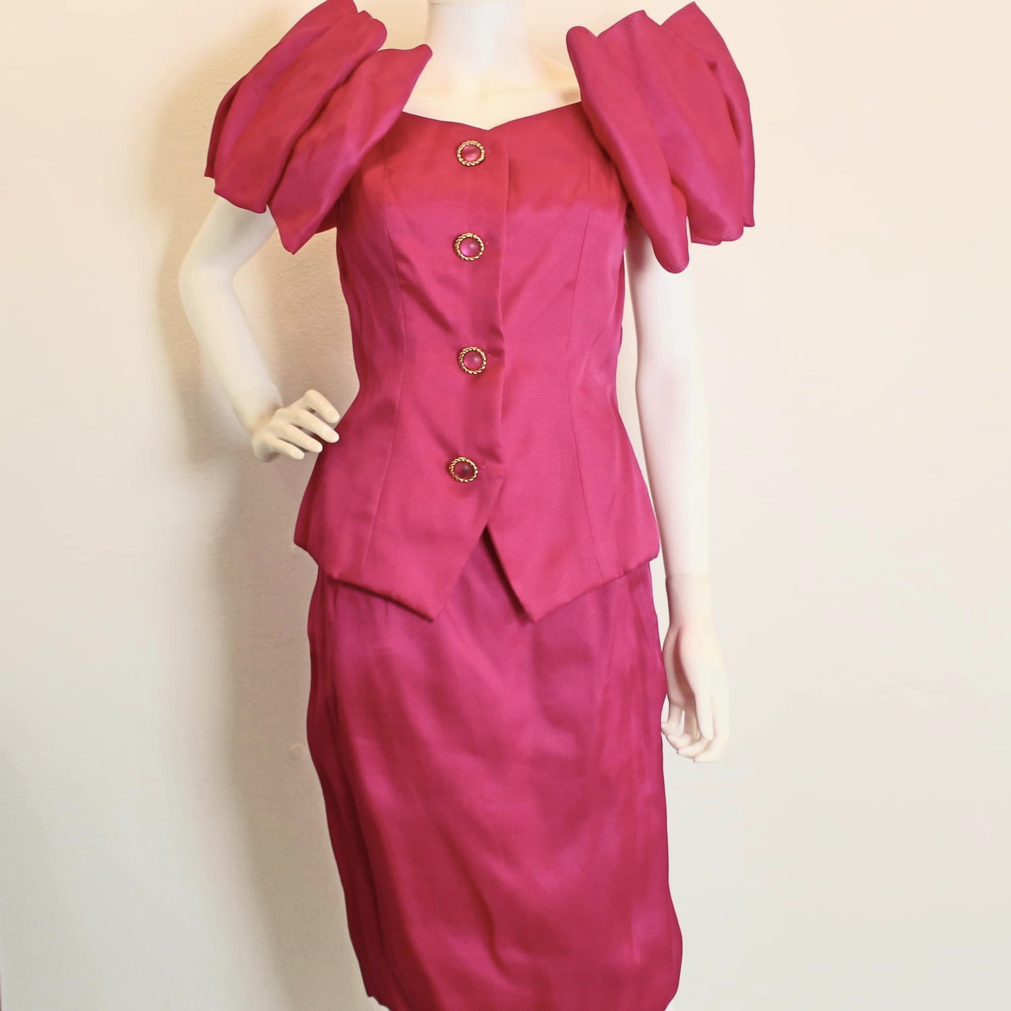 SYLVIA’S #41513 Fuchsia Silk Skirt and Blouse Set (Size 8) 1