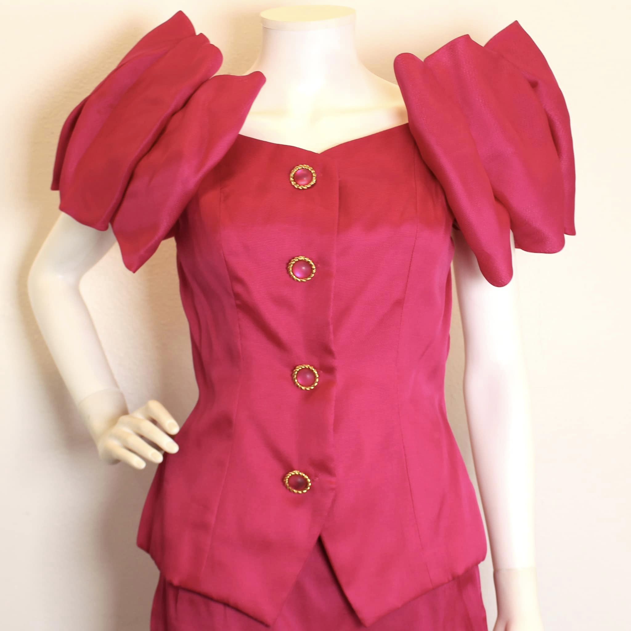 SYLVIA’S #41513 Fuchsia Silk Skirt and Blouse Set (Size 8) 4