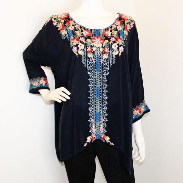 JOHNNY WAS #42583 Navy Blue Floral Embroidered Blouse (Size S) 1