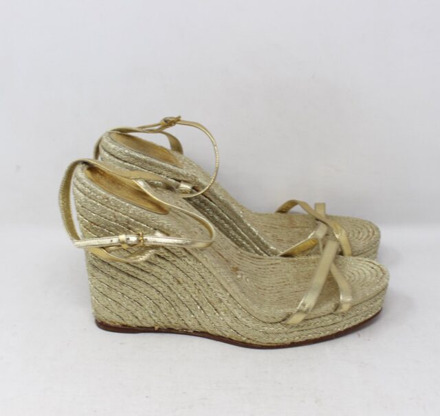 GUCCI #S9XSJF Metallic Raffia Wedges Size 39.5