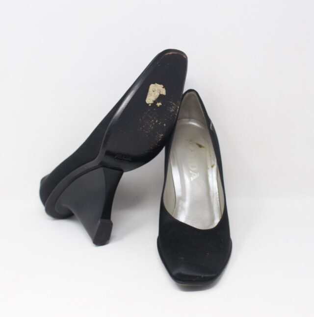 PRADA #6E7ENN Satin Wedge Heels Size 36.5