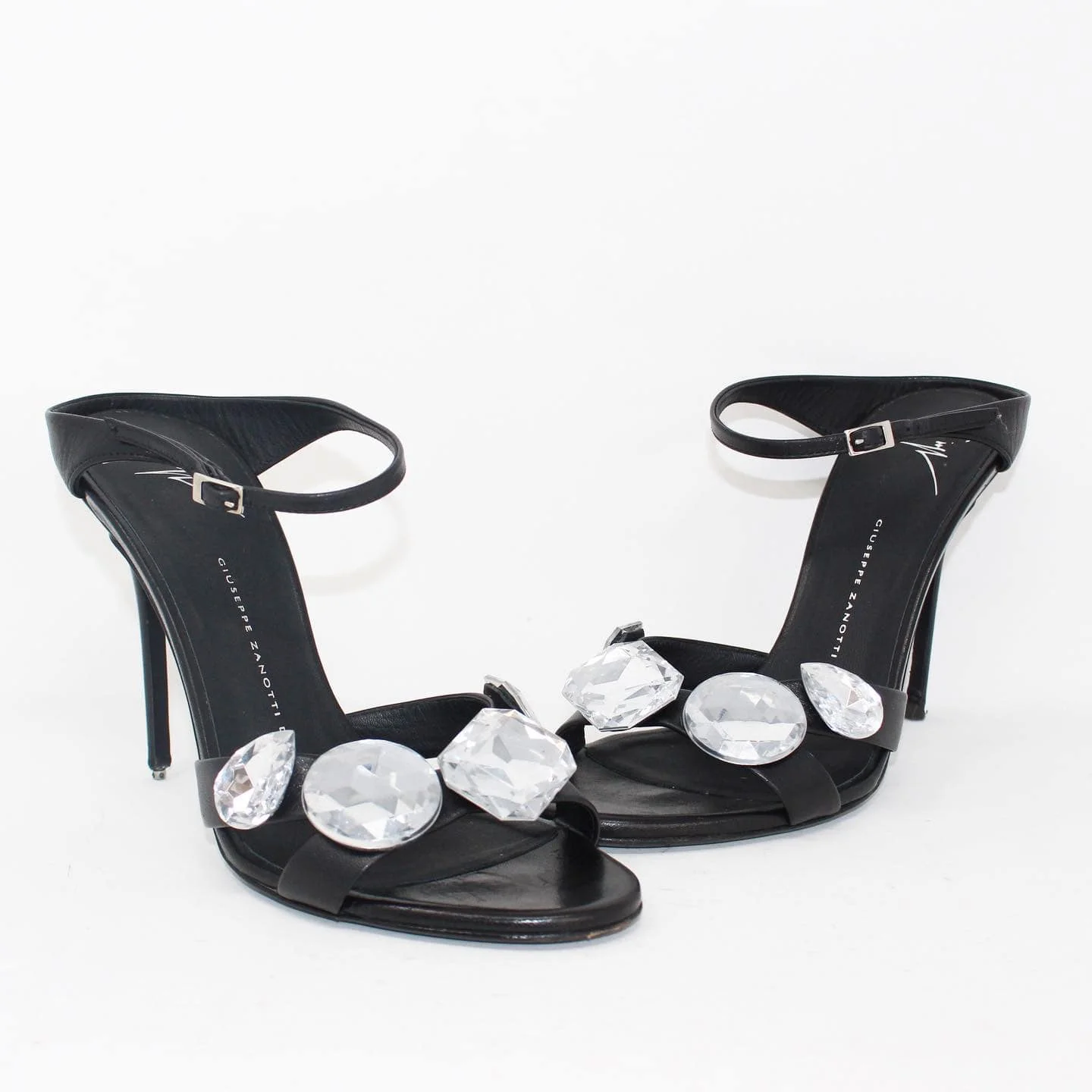 GIUSEPPE ZANOTTI 39163 Black Leather with Rhinestone Heels US 8 EU 38 a