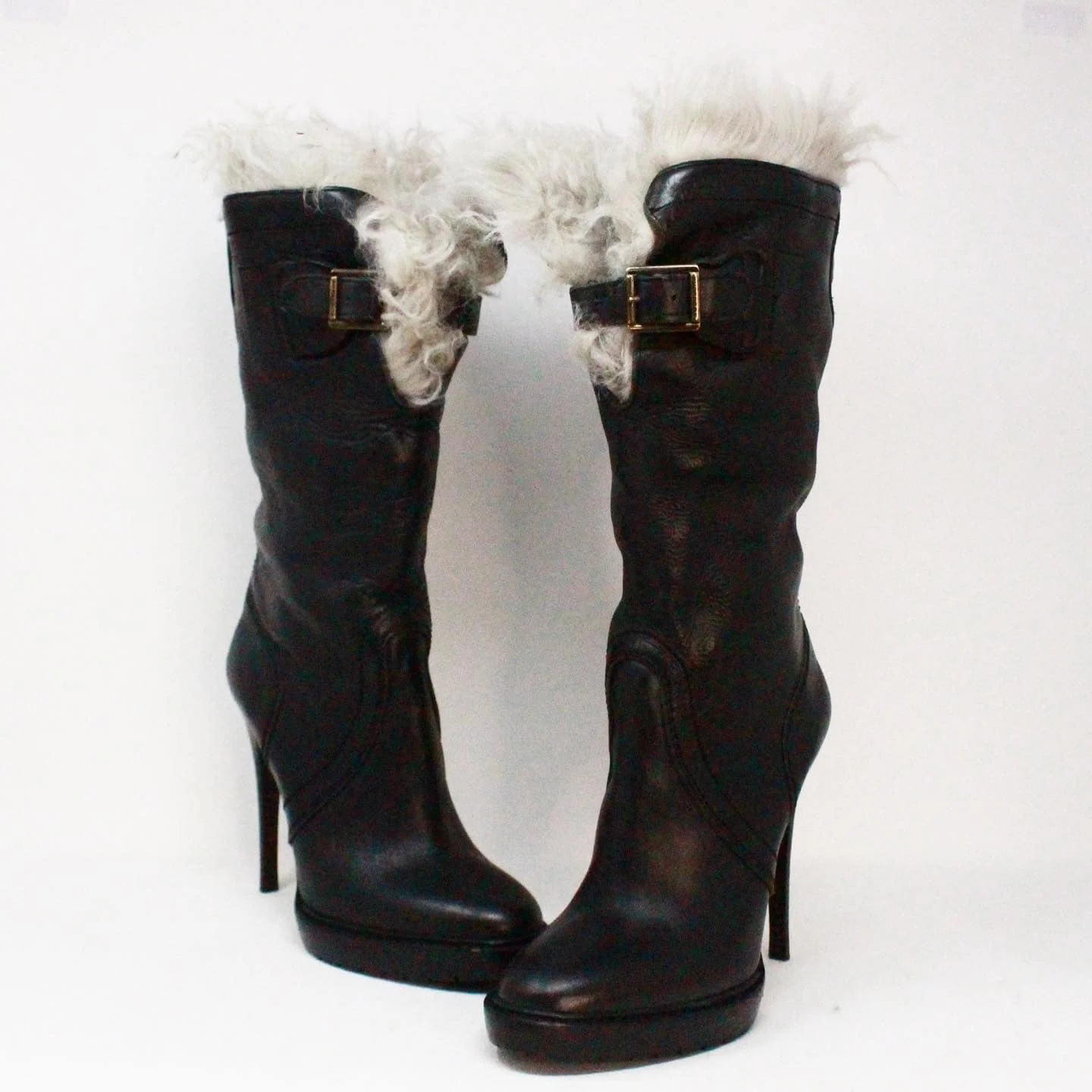 BURBERRY 39570 Black Leather Fir Lined Heel Boots US 8.5 EU 38.5 a