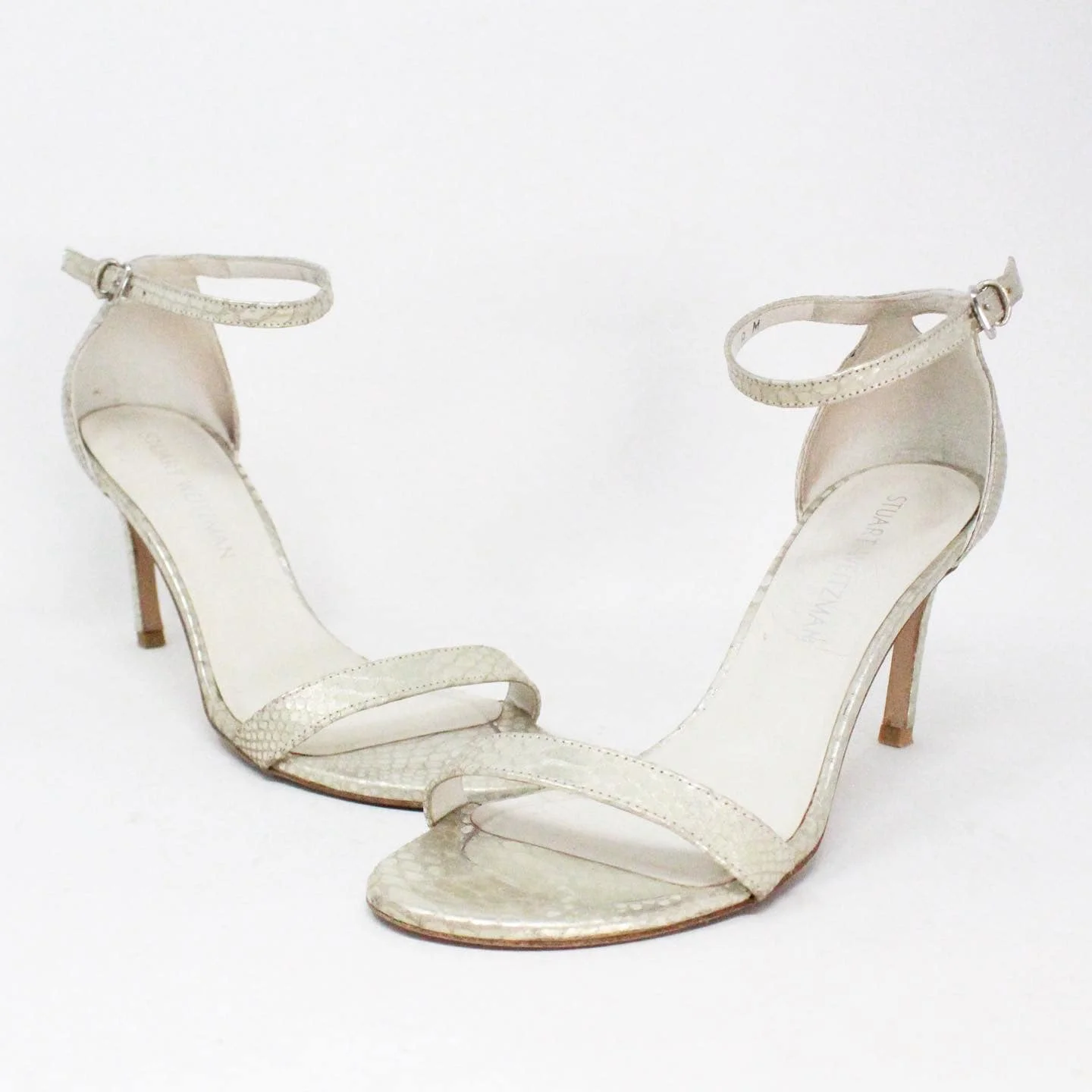 STUART WEITZMAN Gold Snake Print Strap Heels item 40345 1