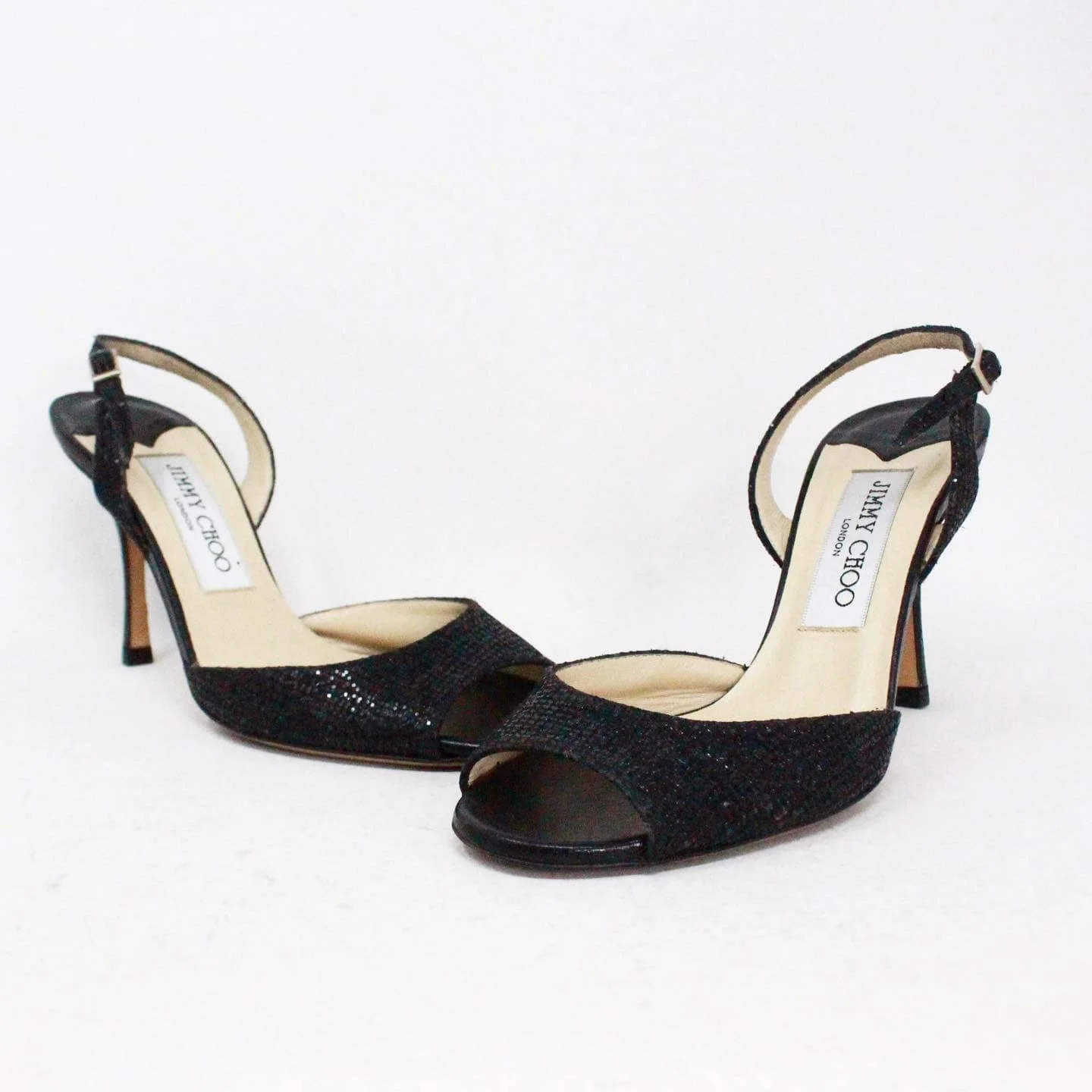 IMMY CHOO 41261 Black Leather Sling Bag Heels US 5.5 EU 35.5 1